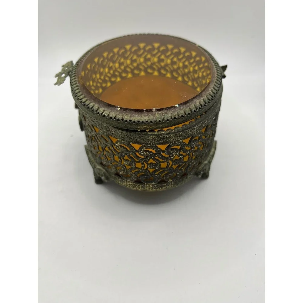 Vintage Ornate Filigree Jewelry Box Amber‎ Glass Oval Footed Trinket Casket
